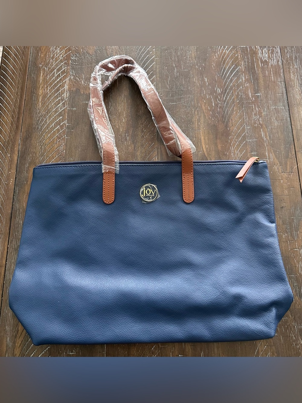 New Joy Mangano Mavy Leather Tote with Brown Handles and Gold Logo
